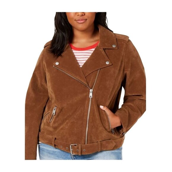 Brown Corduroy Moto Jacket With Belted Hem & Zip Pockets Size 2XL Womens - Picture 1 of 14